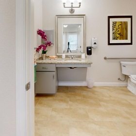 Bathroom options with thoughtful details a bathroom with a sink toilet and mirror