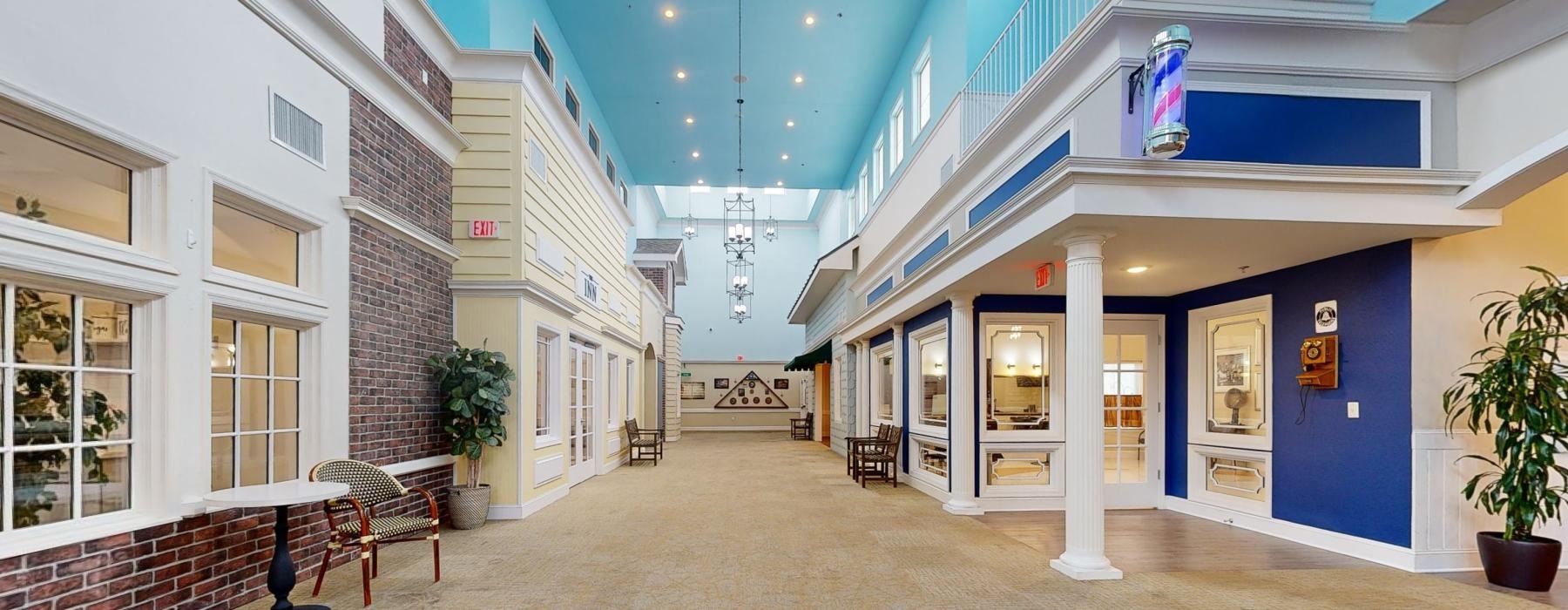 a building with a blue ceiling